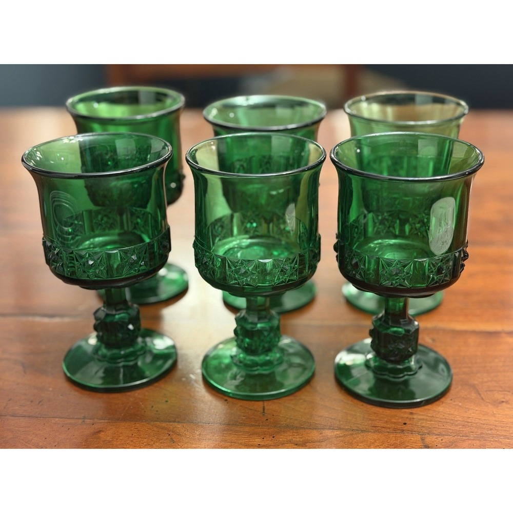 Vintage Emerald Green Glass Wine Goblets Diamond Starburst Band Stemmed Set of 6